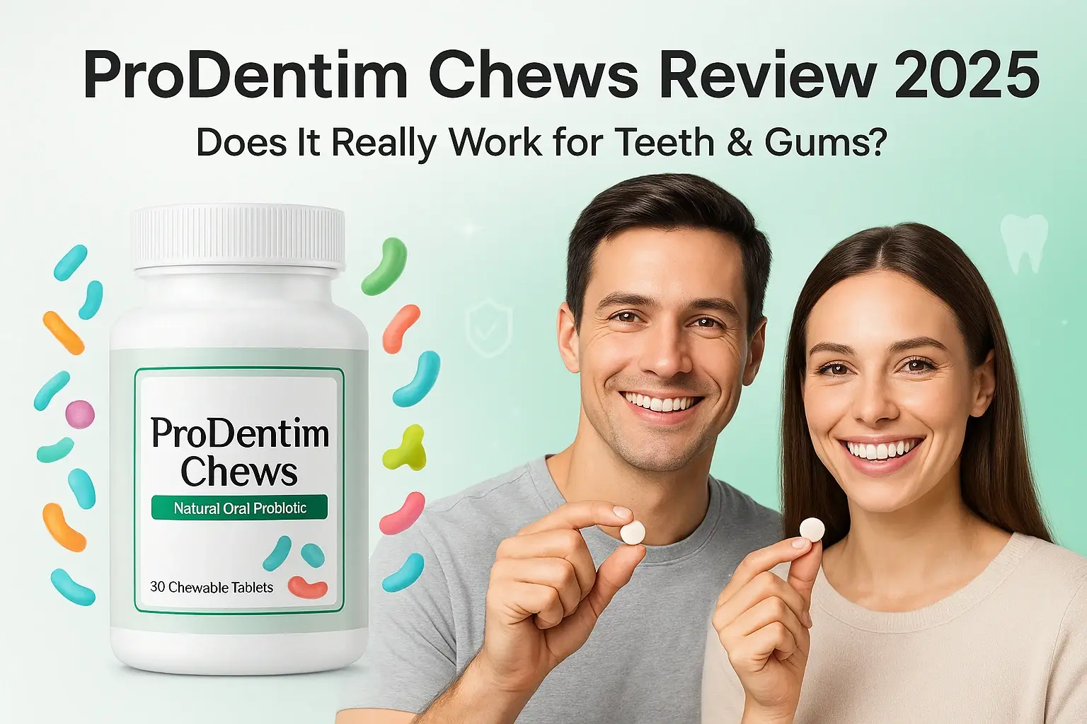 ProDentim Chews 2025 review image showing probiotic supplement bottle, smiling people with healthy teeth, and dental health icons on mint background