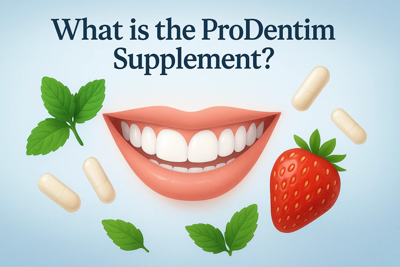 A clean digital illustration of a bright white smile with sparkling teeth, surrounded by mint leaves, strawberries, and probiotic capsules on a soft blue background, featuring the text “What is the ProDentim Supplement?